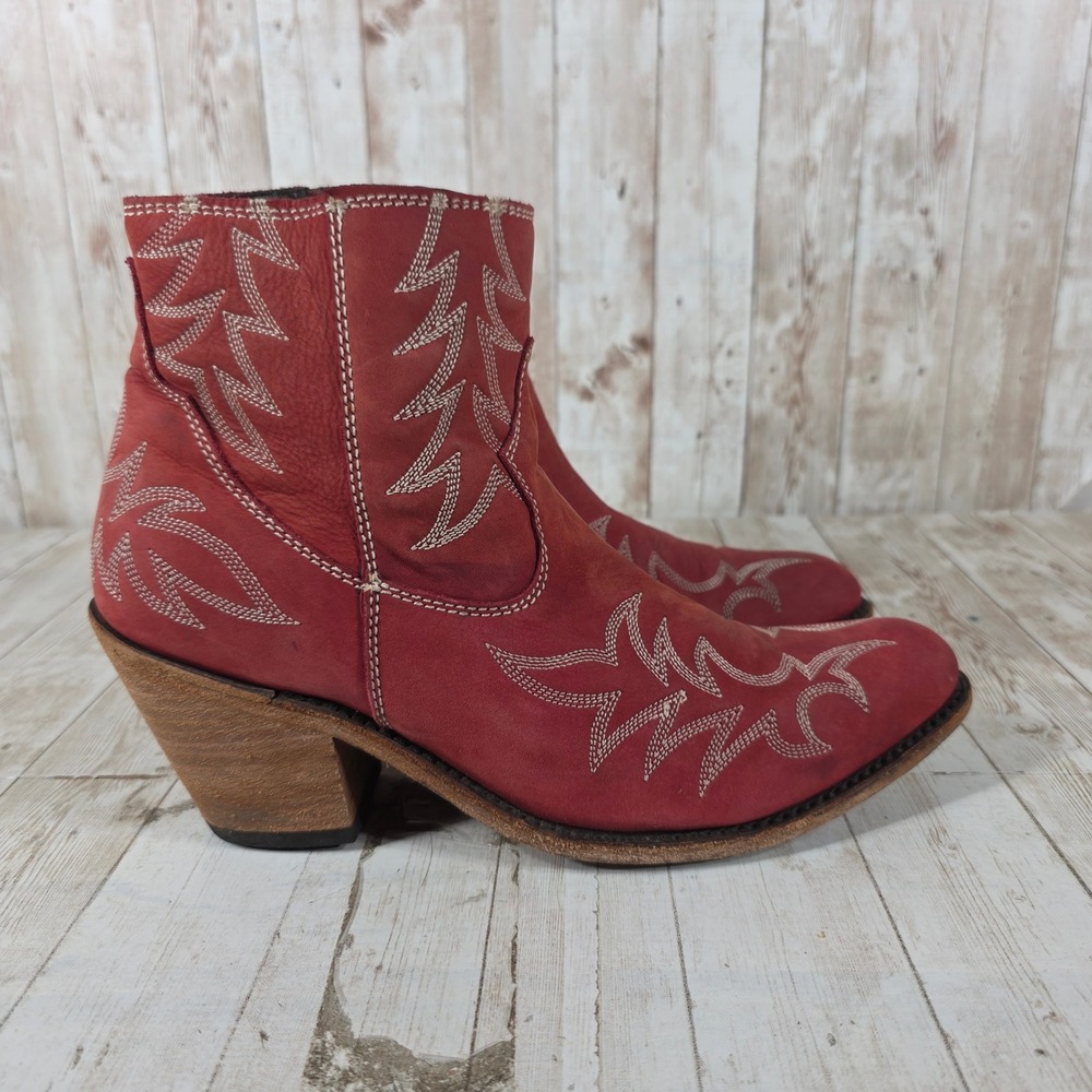 Liberty Black Red Leather Embroidered Western Ankle Boots Pointed Toe Zip Up